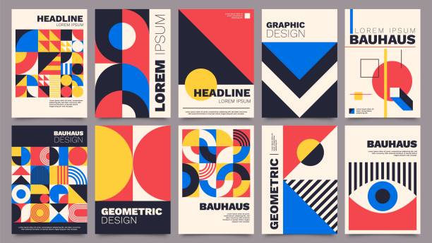 Geometric posters. Bauhaus cover templates with abstract geometry. Retro architecture minimal shapes, forms, lines and eye design vector set Geometric posters. Bauhaus cover templates with abstract geometry. Retro architecture minimal shapes, forms, lines and eye design vector set. Magazine, journal or album creative art cover swiss culture stock illustrations