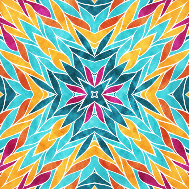 Geometric seamless pattern Bright geometric seamless pattern with white wavy lines kaleidoscope stock illustrations