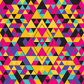 Geometric seamless pattern with colorful triangles. Pink, yellow, black and purple. Vector