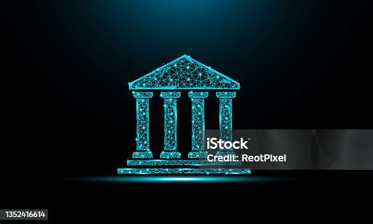 istock Geometric shape futuristic polygonal vector of bank icon in the form of a starry sky space. Consisting of points, light, lines, and low poly shapes in the form of design. Low poly bank icon vector on blue background. 1352416614