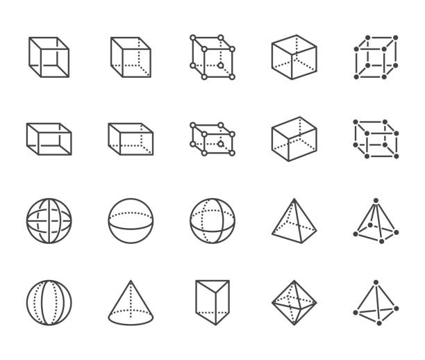 illustrazioni stock, clip art, cartoni animati e icone di tendenza di set di icone a linea piatta forme geometriche. figure astratte cubo, sfera, cono, illustrazioni vettoriali prismatica. segni sottili per l'educazione alla geometria, sviluppo di prototipi. pixel perfetto 64x64. tratti modificabili - cubo