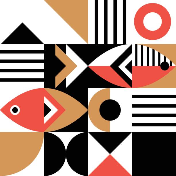 geometric style poster with fishes vector art illustration