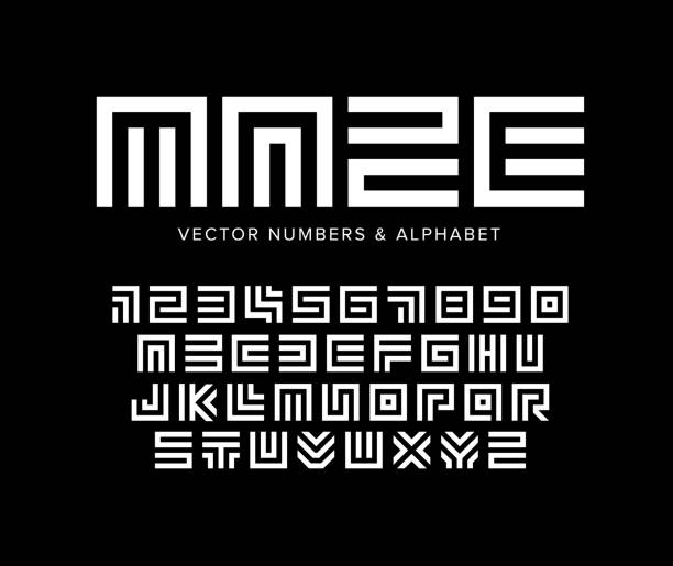 Geometric vector letters and numbers set. Maze alphabet. White logo template on black background. Typography design. Geometric vector letters and numbers set. Maze alphabet. White logo template on black background. Typography design maze patterns stock illustrations