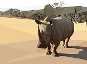 Geometrical, low poly, illustration of an African Rhinoceros on a safari with trees in the background