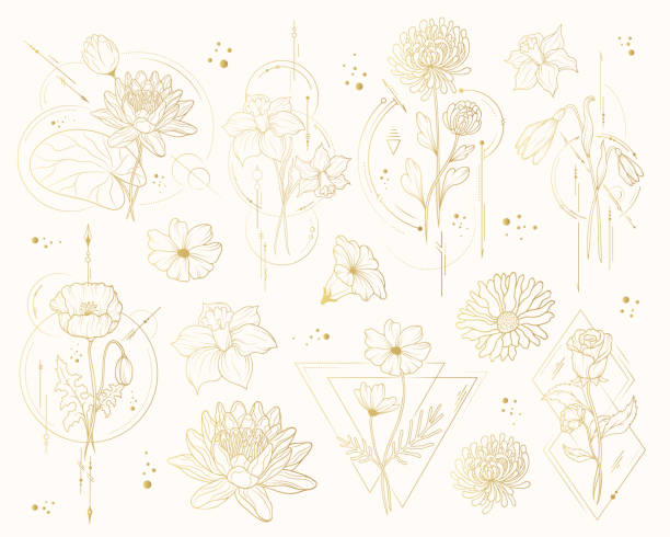 Geometrical design golden flowers set. Vector isolated spring and summer flowers  for wedding invitations and greeting cards. Geometrical design golden flowers set. Vector isolated spring and summer flowers  for wedding invitations and greeting cards. metal drawings stock illustrations