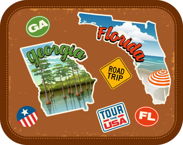 Georgia, Florida, travel stickers with scenic attractions and retro text on vintage suitcase background Georgia, Florida, travel stickers with scenic attractions and retro  florida beaches map stock illustrations