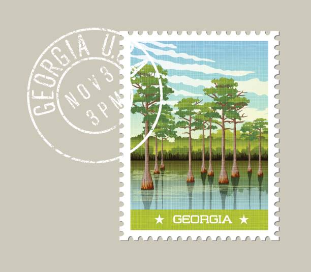 stockillustraties, clipart, cartoons en iconen met georgië postzegel ontwerp. vectorillustratie van wetland bos met kale cipres bomen. - bald cypress tree