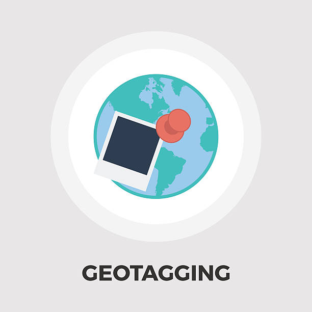 ilustrações, clipart, desenhos animados e ícones de geotegging ícone plana - fotografia imagem