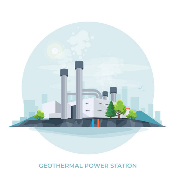 Geothermal renewable energy power plant station generation vector art illustration