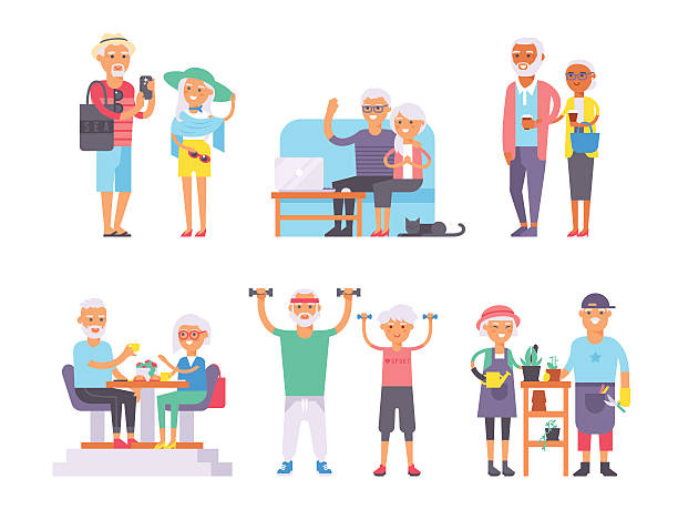 bildbanksillustrationer, clip art samt tecknat material och ikoner med geriatric care pensioners retirees and happy senior woman elder age - medelålders