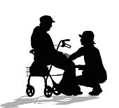 A vector silhouette illustration of an elderly woman sitting on her walker with a young woman crouched beside her.