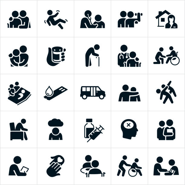 A set of geriatrics icons. The icons include elderly people, elderly patients, physicians, doctors, medication, elderly person with cane, person falling, rehabilitation services, home health services, person in a wheelchair, elderly patient in a hospital bed, diabetes, elderly fitness, depression, mental illness, dementia, blood pressure check, medical check-up, love, care and other related concepts.