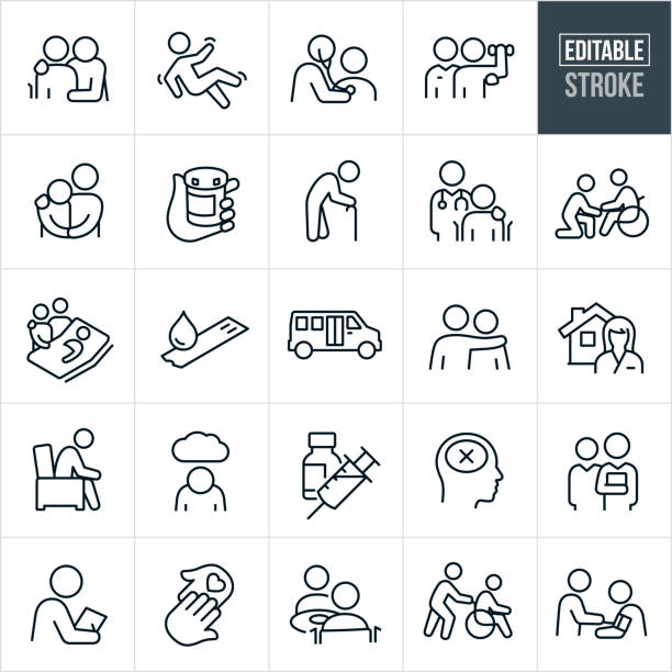 Geriatrics Thin Line Icons - Editable Stroke A set of geriatrics icons that include editable strokes or outlines using the EPS vector file. The icons include geriatricians, geriatric physician, elderly people, elderly person in wheel chair, person falling, doctor checking heart of patient using a stethoscope, patient going through rehabilitation by lifting weights, sad elderly person, family member with arm around old persons shoulder, medication, old person with cane, family supporting elderly parent, medical supplies, shuttle bus, glucose test strip with blood, home health care professional, depressed older person, insulin and syringe, memory loss, medical check-up, person pushing elderly person in wheel chair, old person in wheel chair eating meal with friend or family member and an elderly person getting blood pressure checked by doctor to name a few. patience stock illustrations