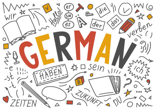 German. Hand drawn doodles and lettering German. Hand drawn doodles and lettering. Der, die, das, er, sie, es, ich, haben, zeiten, sein, zukunft, hallo, verben, du. Translation: the, he, she, it, me, have, times, be, future, hello, verb, you german language stock illustrations
