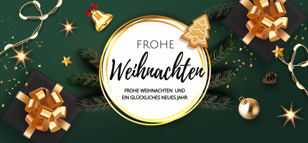 niemiecki napis frohe weihnachten - szczęśliwego nowego roku i wesołych świąt. boże narodzenie uroczyste vip zielone złoto tło z pudełka prezenty i kulki xmas, gwiazdy, dzwon, światło girlanda, piernik jodła - weihnachten stock illustrations