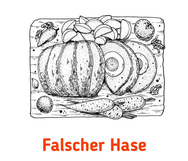 niemiecka ilustracja wektorowa bochenka mięsa. falscher hase widok z góry. element projektu vintage. ilustracja szkicu. - meat loaf stock illustrations
