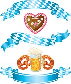 Bavarian vector ribbons set with Gingerbread Heart, Beer and Pretzel for your Oktoberfest design. 
