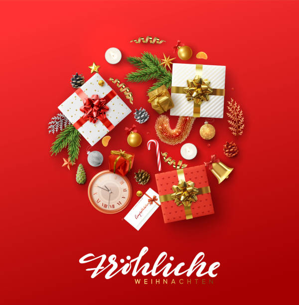 niemiecki tekst frohliche weihnachten. świąteczna kartka z życzeniami z świątecznymi przedmiotami. - weihnachten stock illustrations
