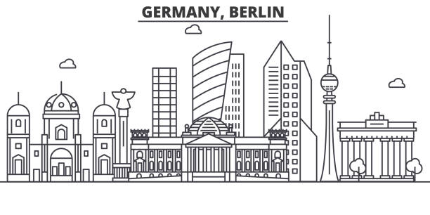 독일, 베를린 건축 선 스카이 라인 일러스트입니다. 유명한 랜드마크, 시티 명소와 선형 벡터 풍경 디자인 아이콘. 편집 가능한 선 프리 - 베를린 stock illustrations