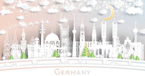 stockillustraties, clipart, cartoons en iconen met germany city skyline in paper cut style with snowflakes, moon and neon garland. - berlin snow