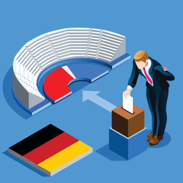 Germany Election German people vote and isometric ballot box Germany election voting concept German man putting paper in the isometric ballot box. Isometric people vector design christian democratic union stock illustrations