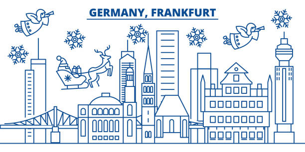 德國法蘭克福冬季城市天際線。聖誕快樂, 新年裝飾與聖誕老人的旗幟. 冬季問候線卡。平面, 輪廓向量。線形聖誕雪景插圖 - frankfurt 幅插畫檔、美工圖案、卡通及圖標