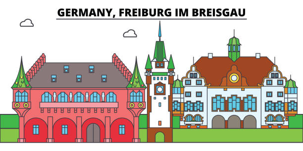 독일, 프라이부르크입니다. 도시 스카이 라인, 건축, 건물, 거리, 실루엣, 풍경, 파노라마, 랜드마크. 평면 디자인 라인 벡터 일러스트 레이 션 개념입니다. 격리 된 아이콘 - freiburg stock illustrations