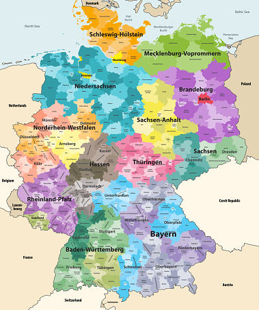 Germany high detailed vector map with neighbouring countries and territories. Map colored by states and administrative districts, with subdivisions