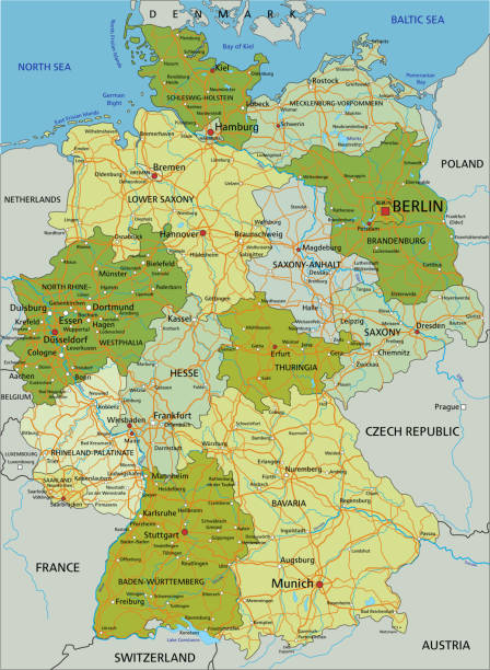 германия - высоко детализированная редактируемая политическая карта с маркировкой. - dortmund stock illustrations