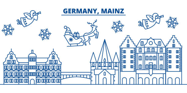 德國, 美因法冬天城市天際。聖誕快樂, 新年裝飾與聖誕老人的旗幟. 冬季問候線卡。平面, 輪廓向量。線形聖誕雪景插圖 - sainz 幅插畫檔、美工圖案、卡通及圖標
