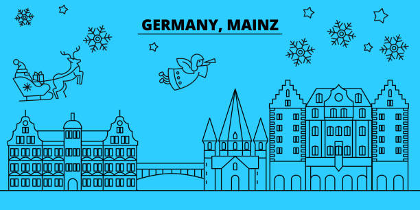 德國, 美因茨寒假天際線。聖誕快樂, 新年快樂裝飾與聖誕老人的橫幅. 德國美因茨線性耶誕節城市向量平例證 - sainz 幅插畫檔、美工圖案、卡通及圖標