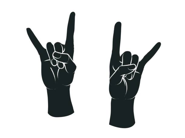 Gesture. Rock sign. Two female hands with index and little finger up in form of horns. Vector. Gesture. Rock sign. Two female hands with index and little finger up in form of horns. Vector illustration in sketch style isolated on a white background. Making rock-n-roll sign by hands. White lines and dark grey silhouette. horned stock illustrations