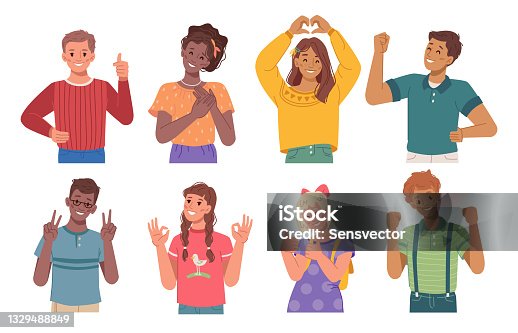 istock Gesturing children showing signs with hands, expression of joy and approval. Boys and kids with peace gesture, thumb up, hearts and okay. Excited preteens. Flat style cartoon character vector 1329488849
