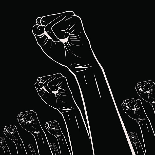 Gesturing(Hand Sign): Clenched fists held high in protest Vector illustration of Clenched fists held high in protest.  angry crowd stock illustrations