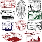 Series of stylized retro/vintage passport style landmark stamps with airplanes for added effect.