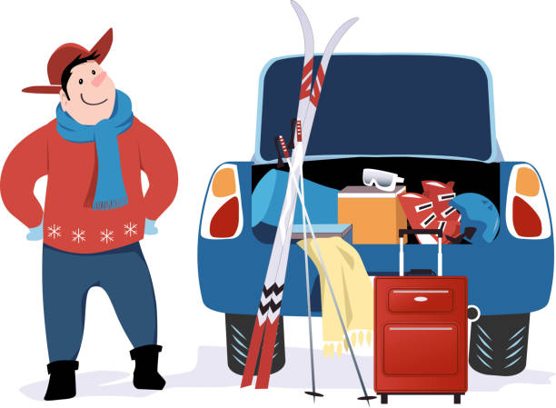 vorbereitungen für den ski-urlaub - auto packen für den urlaub winter stock-grafiken, -clipart, -cartoons und -symbole