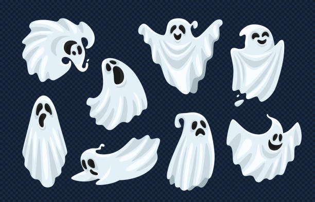 bildbanksillustrationer, clip art samt tecknat material och ikoner med ghost karaktär. halloween skrämmande spöklika monster, döda boo spook och kusliga flyga anima isolerade tecknade vektor set - ghost