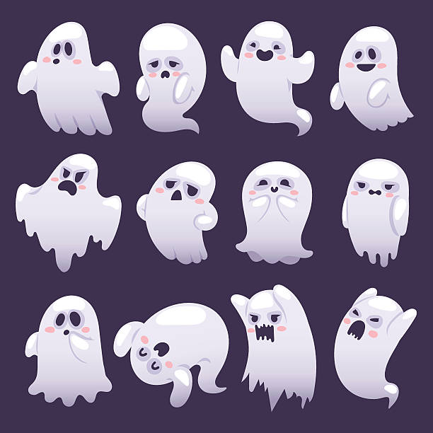 Ghost character vector characters. Cartoon spooky Ghost character vector set. Spooky and scary holiday monster design ghost character. Costume evil silhouette ghost character creepy funny cartoon cute spooky night symbol. ghost stock illustrations