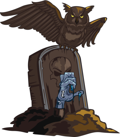 Ghoul rising from dead with owl perched on grave