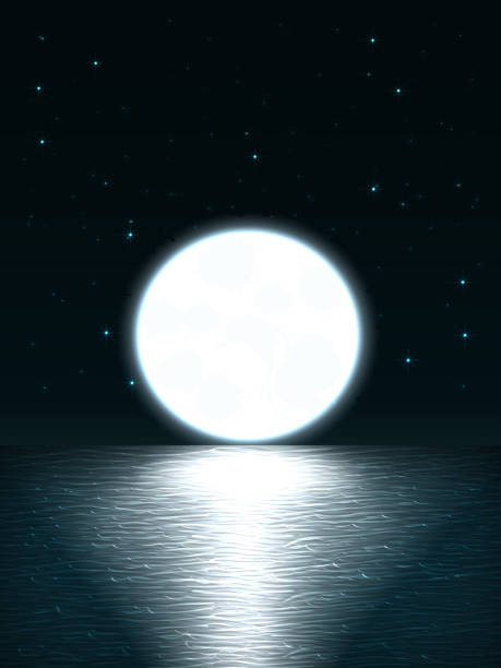 ilustrações de stock, clip art, desenhos animados e ícones de giant bright full moon over the sea at sunset or sunrise and stars in the sky - supermoon