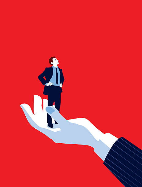 Giant Business Man's Hand Holding Tiny Businessman Mentoring!. A stylized vector cartoon reminiscent of an old screen print poster of a giant businessman’s hand holding a tiny standing businessman. Concept to show support, recruitment, in hand, control, mentoring or management. small business stock illustrations