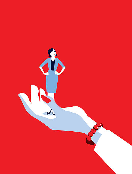 Giant Business Woman's Hand Holding Tiny Businesswoman Mentoring!. A stylized vector cartoon reminiscent of an old screen print poster of a giant businessman’s hand holding a tiny standing businesswoman. Concept to show relationship issues, recruitment, in hand, control, mentoring or management. looking up stock illustrations