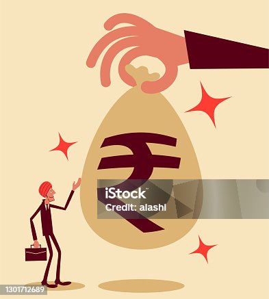 istock Giant hand (big business, government) giving the small businessman a big money bag with an Indian rupee sign 1301712689