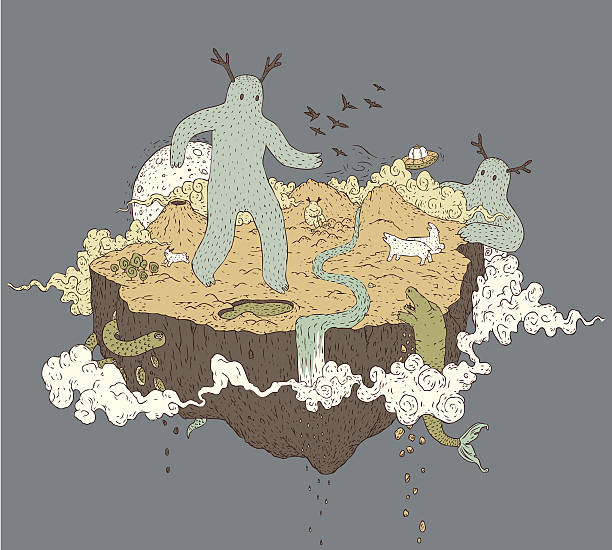 Giant Monsters with Antlers on Island in Space vector art illustration