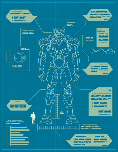 Giant Robot Blueprint Blueprint for the construction of a giant robot. robot drawings stock illustrations