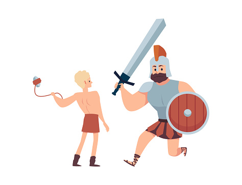 Giant warrior goliath fighting with young david a vector illustration.