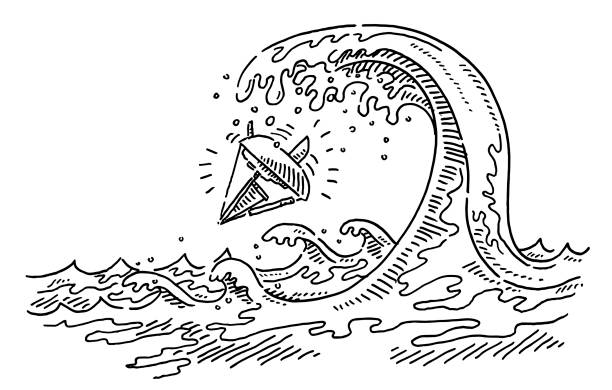 Giant Wave Overturning Sailing Boat Drawing Hand-drawn vector drawing of a Giant Wave Overturning a Sailing Boat. Black-and-White sketch on a transparent background (.eps-file). Included files are EPS (v10) and Hi-Res JPG. capsizing stock illustrations