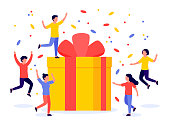 Gift box and group of happy people. Reward, prize, giveaway, bonus. Referral program. Vector flat illustration