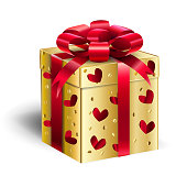 Gift Box Present isolated on white backgroud. Vector illustration. Beautiful Realistic Colorful Golf Gift box with red ribbon bow, read heart shapes pattern, for Valentine's Day, Mother's Day, Christmas and Nrew Year Present, Birthday, Anniversary, surprise, Sale, Love, Romance banner, Greeting card - Holiday festive decoration.