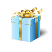 Gift Box Present isolated on white backgroud. Vector illustration. Beautiful Realistic Blue Gift box with gold ribbon bow, for Wedding Day, Valentine's Day, Mother's Day, Christmas and Nrew Year Present, Birthday, Anniversary, surprise, Sale, banner, Greeting card - Holiday festive decoration.